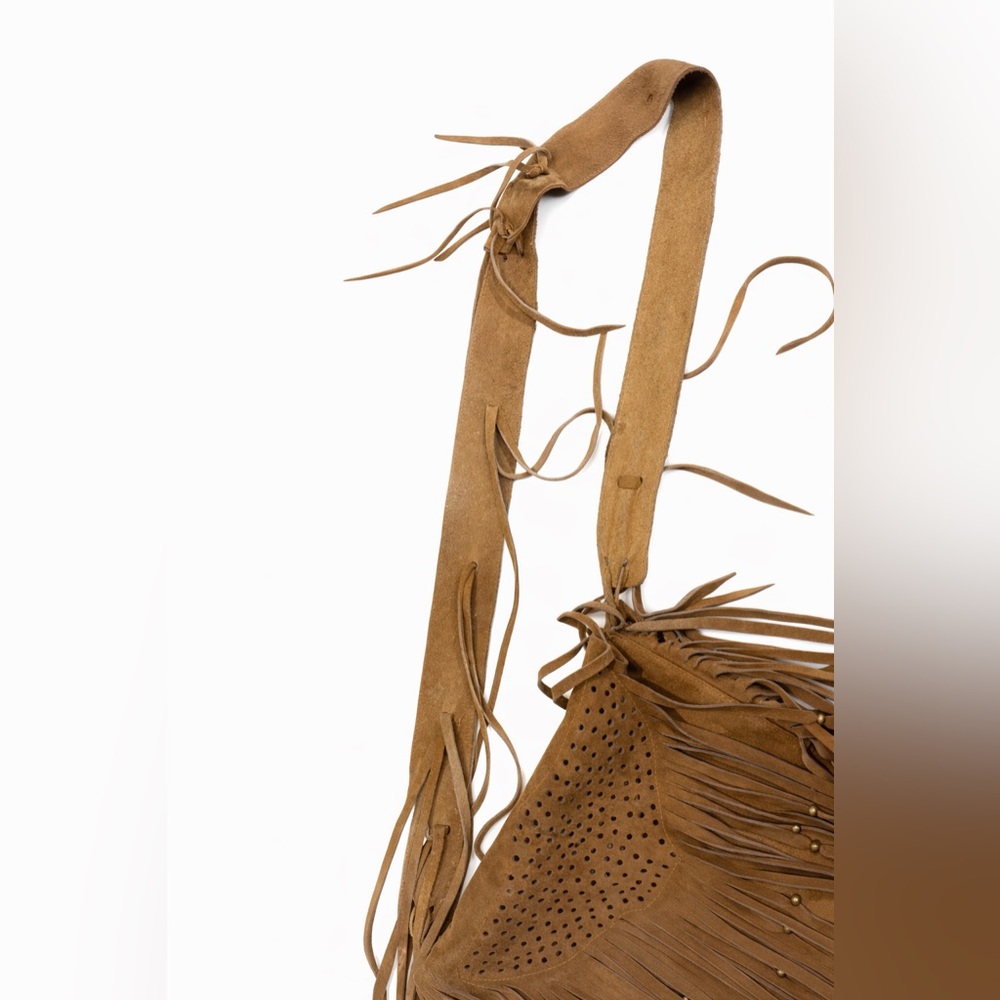Suede Fringe Crossbody Bag in Tan With Adjustable Straps - Picture 7 of 7